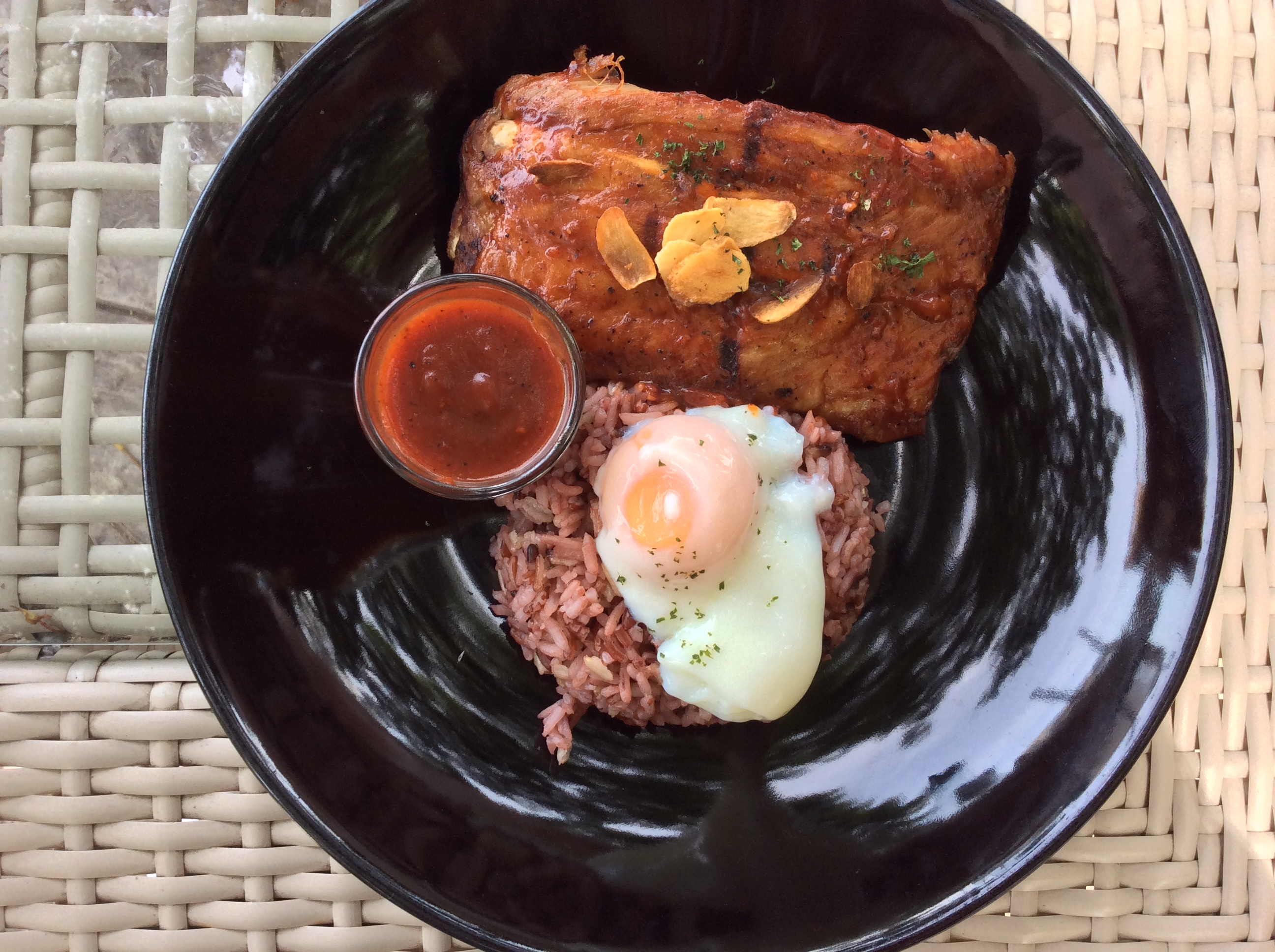 Grilled BBQ Pork Spare Ribs with Rice and Slow Cooked Egg
